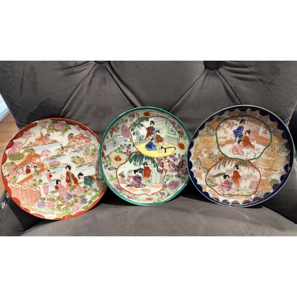 Vintage Hand Painted Porcelain Japan Saucers with Geisha Girls Set of 3